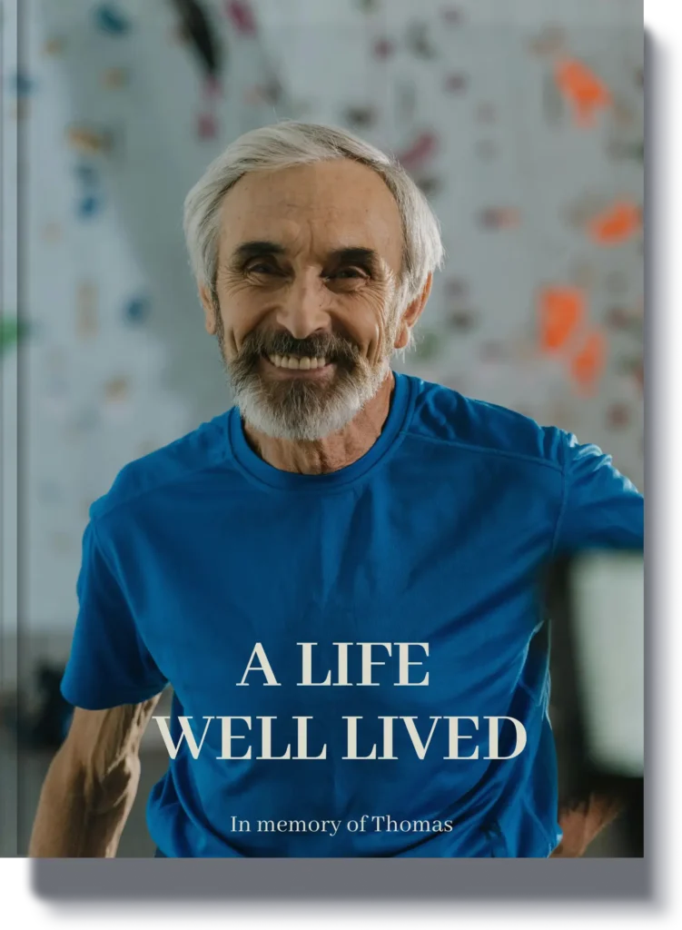 Book cover titled 'A Life Well Lived' featuring a smiling elderly man in a blue shirt, a personalized memorial book in memory of Thomas.