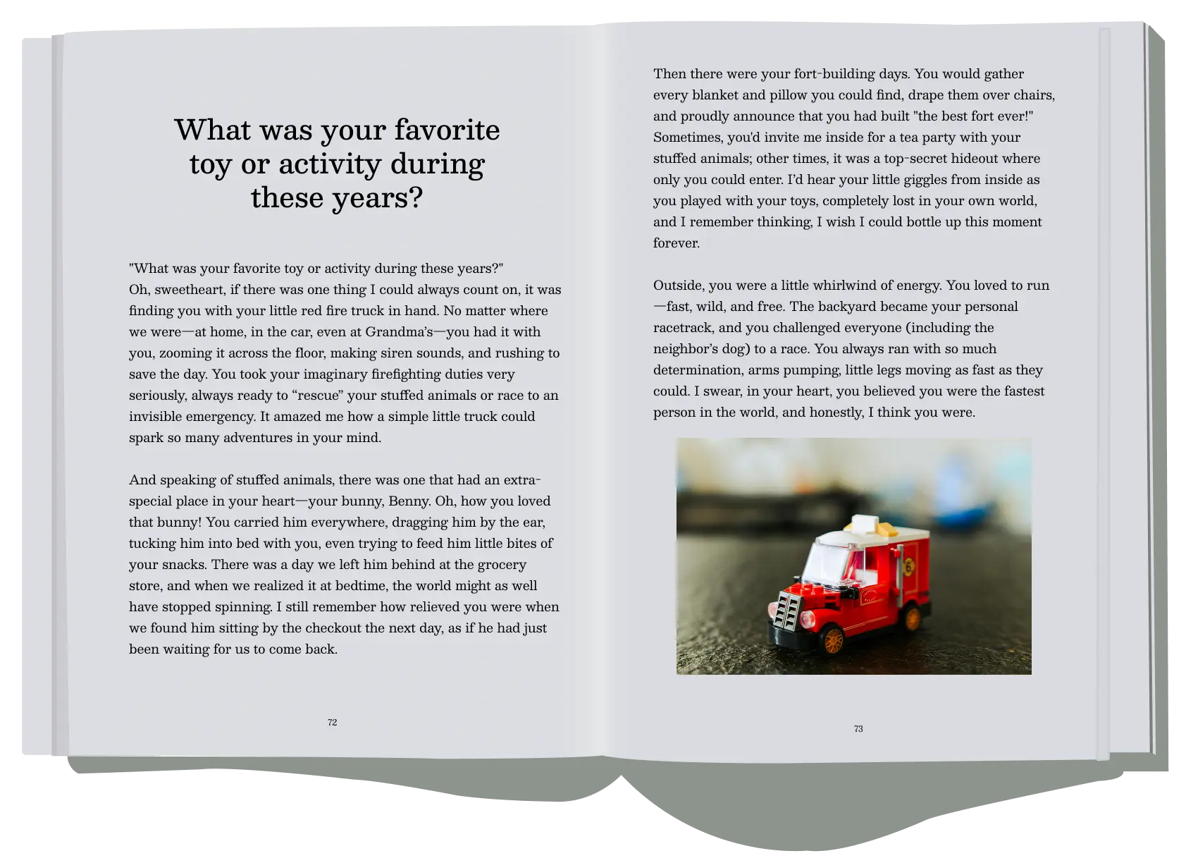 Favorite Toy Story - An open spread of a childhood memory book, sharing a mother’s story about her child’s favorite toy and playful adventures.