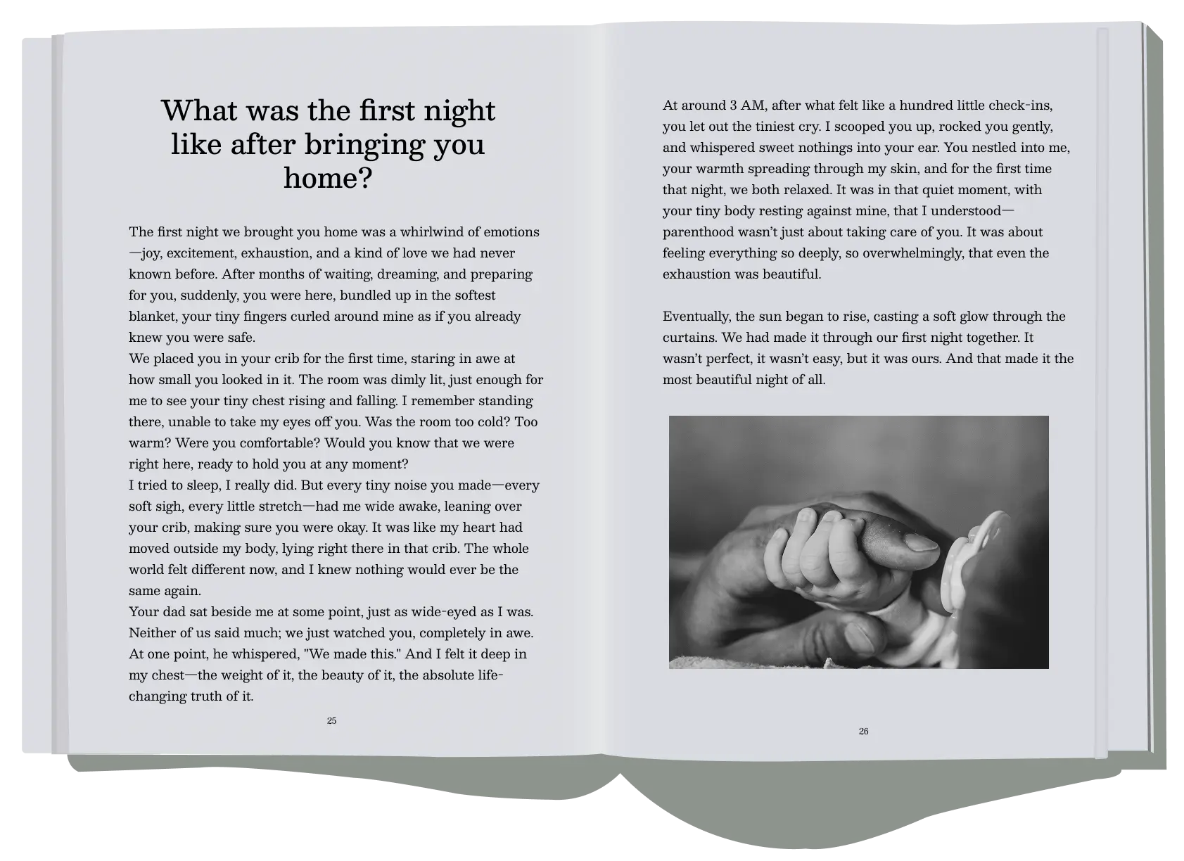 First Night Home - An open spread of a childhood memory book, sharing a heartfelt story from a mother about bringing her baby home for the first time.