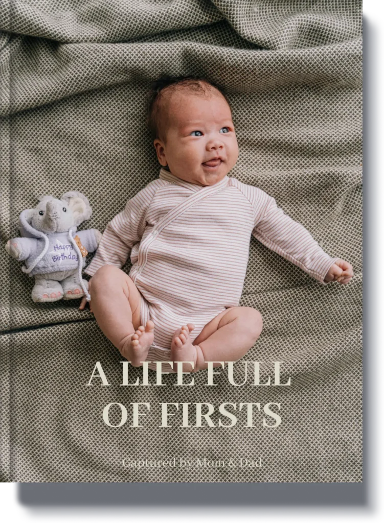 A Life Full of Firsts - A childhood memory book featuring a baby on a cozy blanket, preserving the earliest milestones and memories.