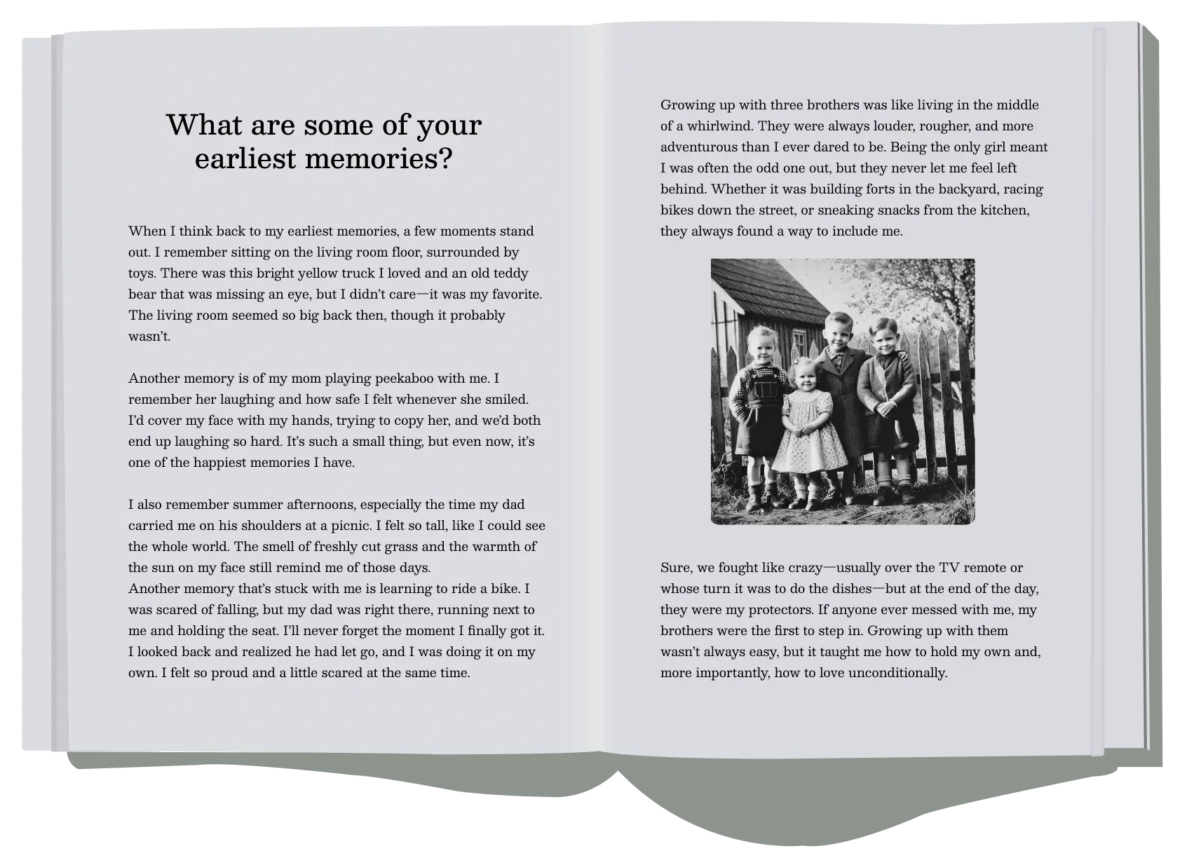 Open pages from 'Untold Stories' featuring recollections of childhood memories, playful moments, and a vintage family photograph in a life story book.
