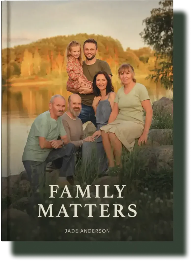 Book cover of 'Family Matters' featuring a multigenerational family posing by a lake, celebrating love, legacy, and shared experiences in a life story book.