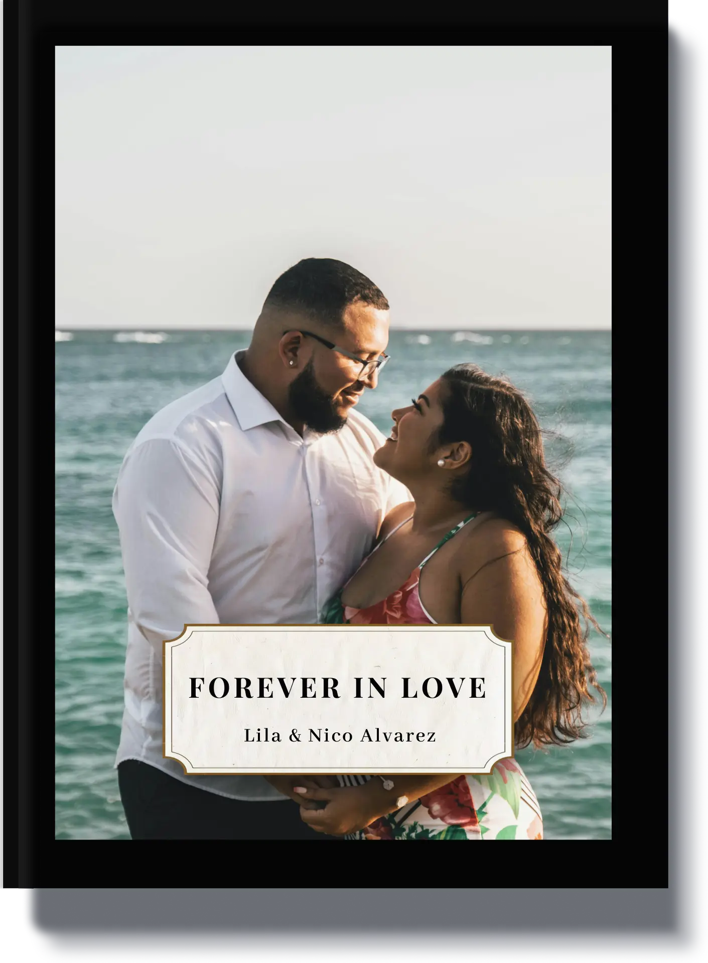 Book cover titled 'Forever in Love' with a couple on the beach, a heartfelt anniversary book and memory book for couples.