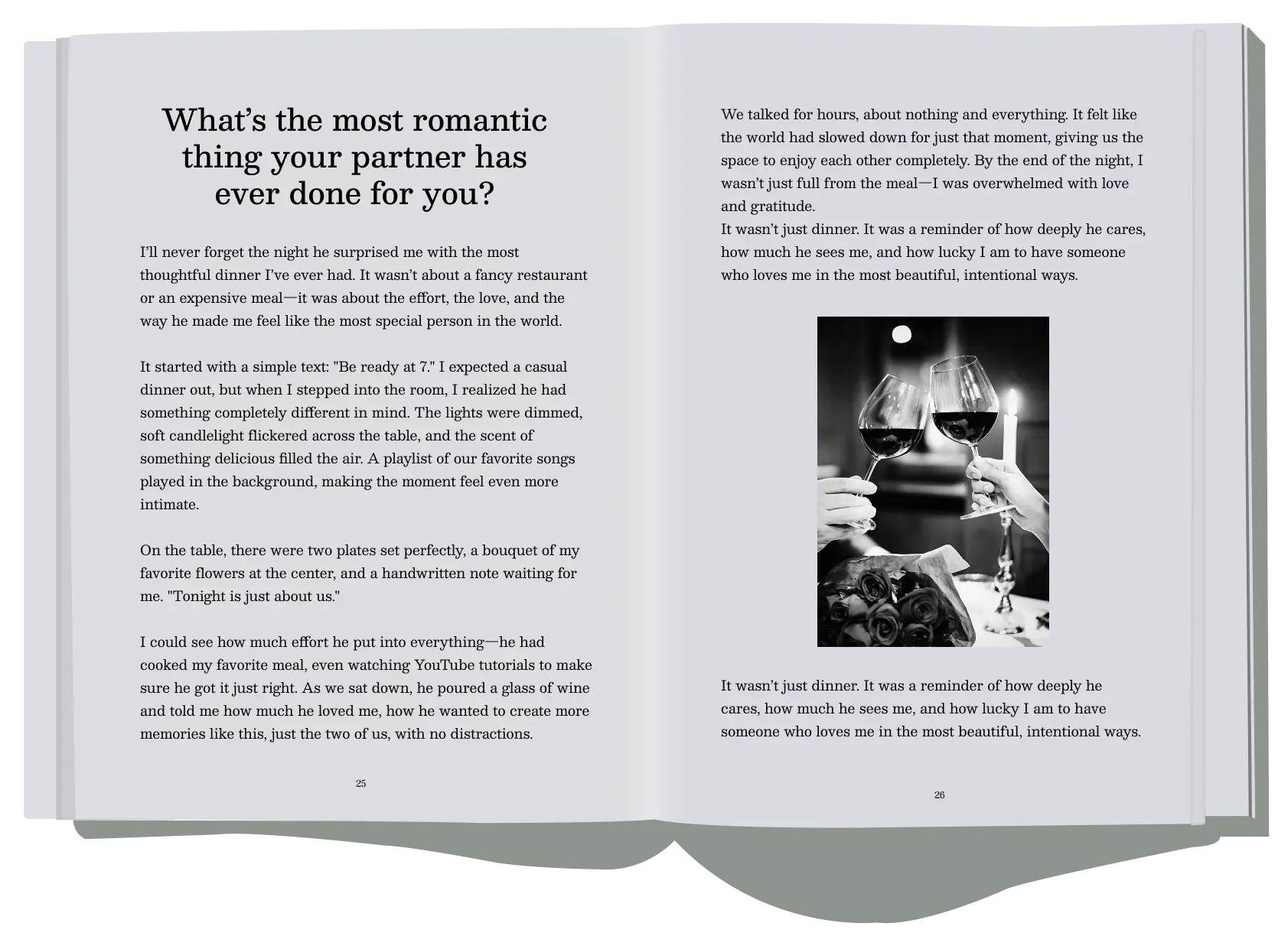 Open pages from 'Forever in Love' featuring a couple's cherished moments, an anniversary and memory book designed for couples to relive their love story.