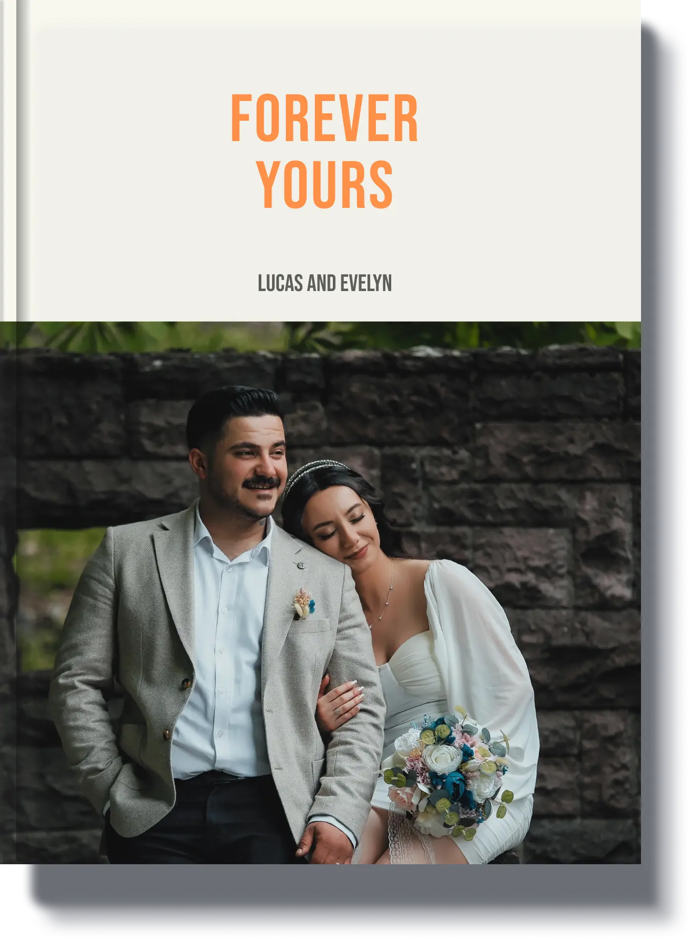 "Book cover titled 'Forever Yours' featuring a couple on their wedding day, an ideal custom love story book for anniversaries or gifts.