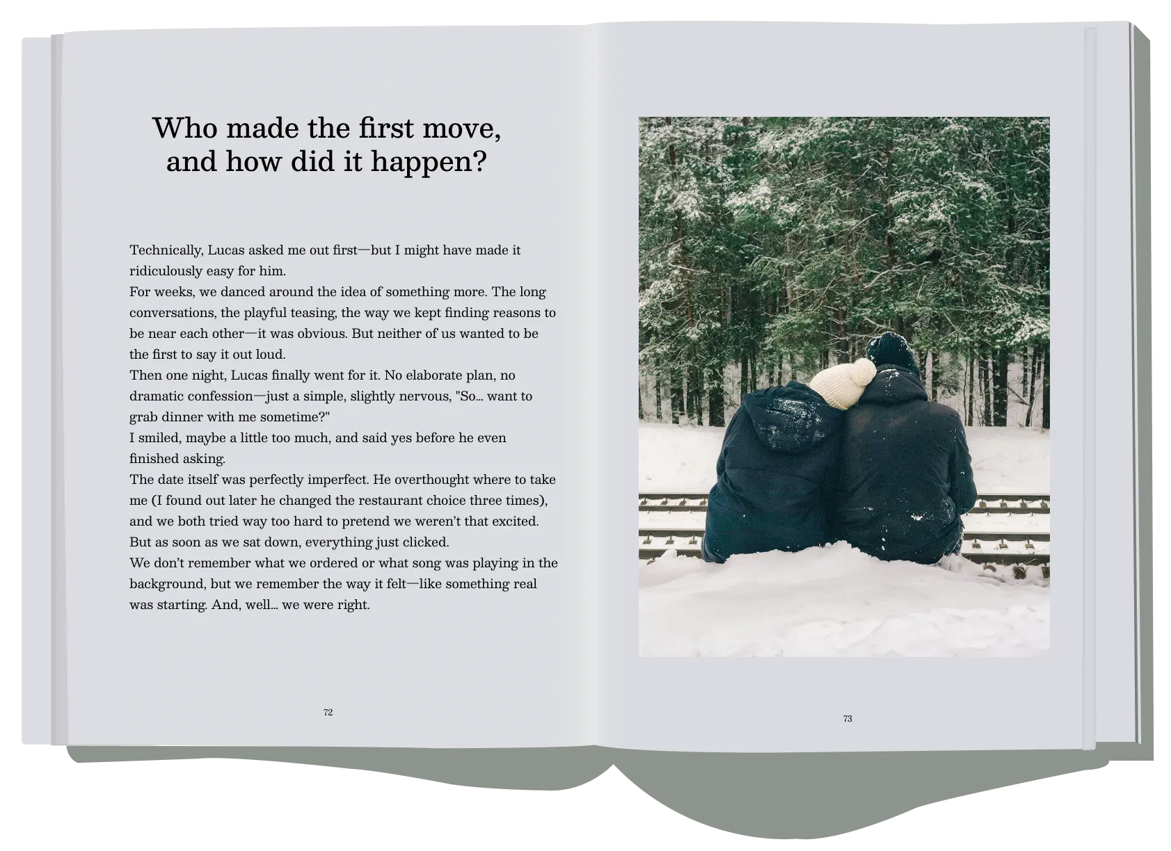 Open pages from the 'Forever Yours' book showcasing heartfelt stories and memories, a personalized couples book for anniversaries and love celebrations.