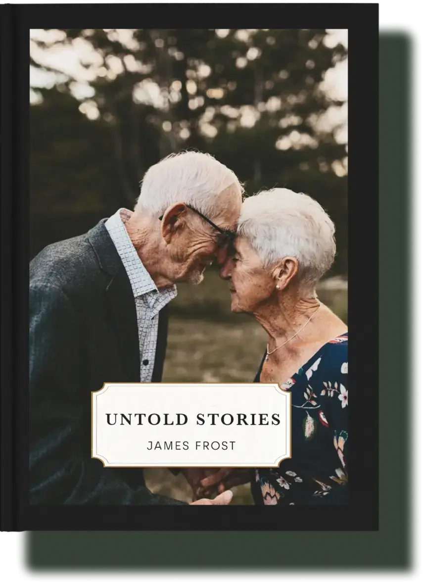 Book cover of 'Untold Stories' featuring an elderly couple sharing an intimate and loving moment, symbolizing a lifetime of cherished memories in a life story book.
