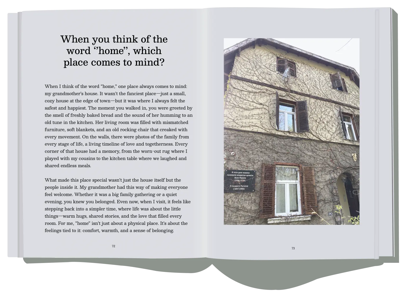 Open pages from 'Home in a Hundred Places' showcasing a nostalgic reflection on home and childhood memories, accompanied by a vintage house photograph in a life story book.