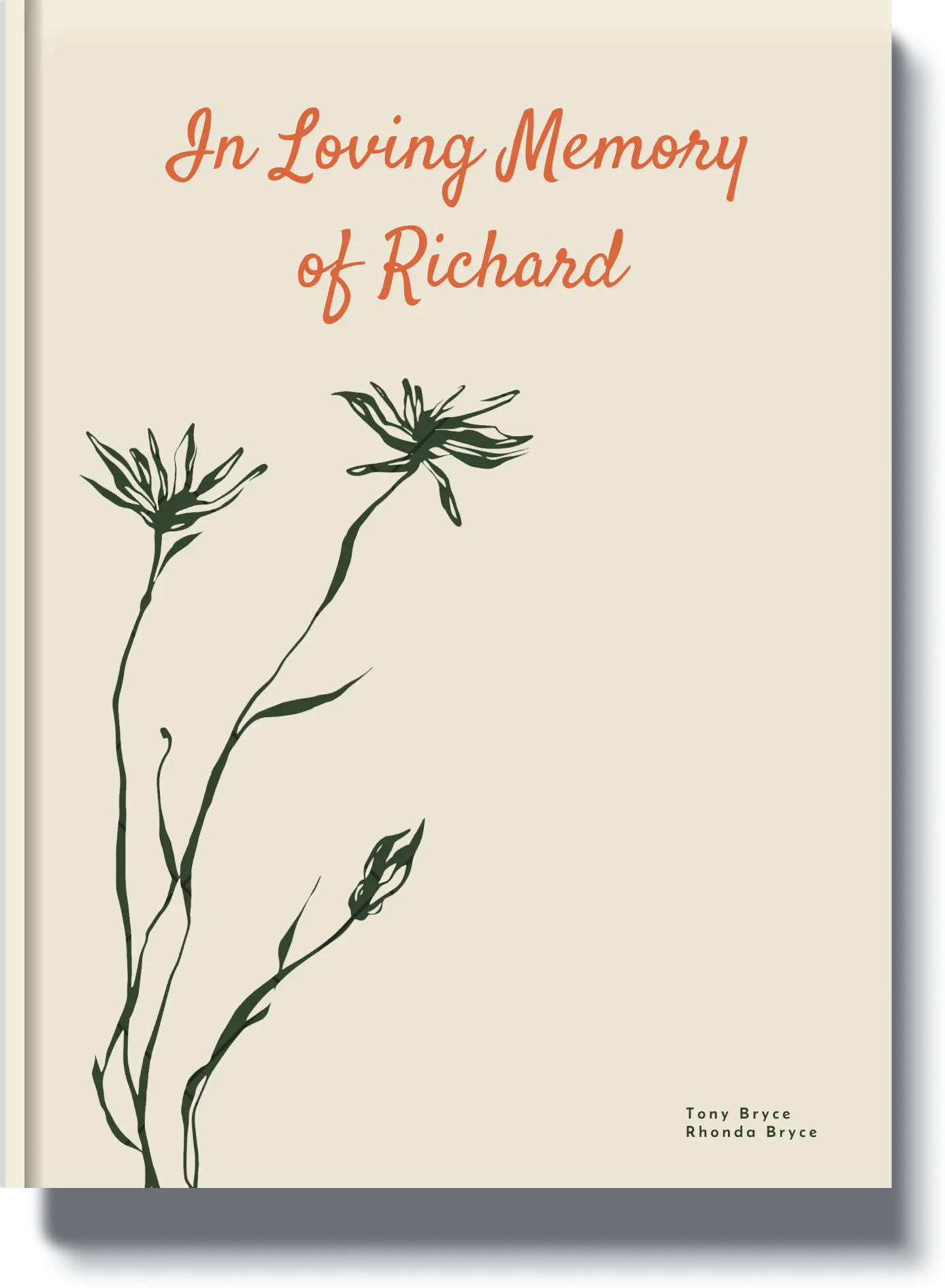 Book cover titled 'In Loving Memory of Richard' with a delicate floral design, a heartfelt memorial book to honor his legacy.