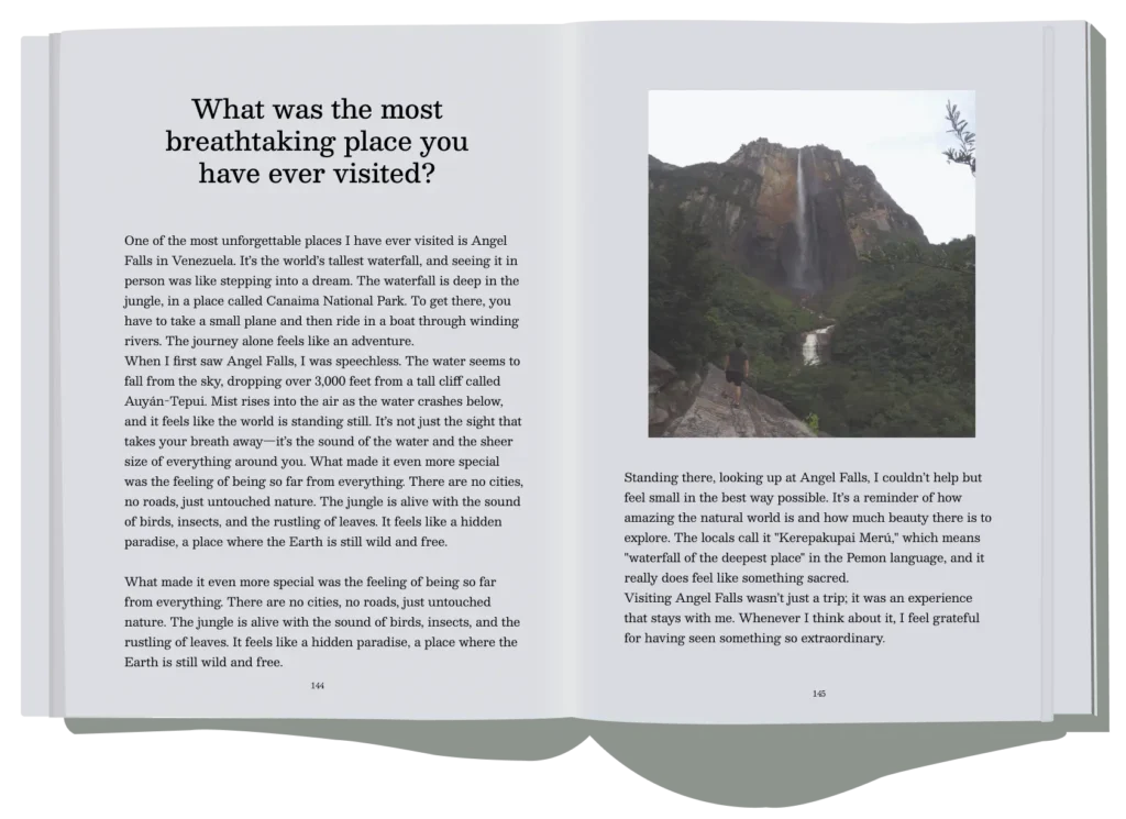 Open pages from 'Family Matters' featuring a personal story about visiting Angel Falls, capturing breathtaking travel experiences and reflections in a life story book.