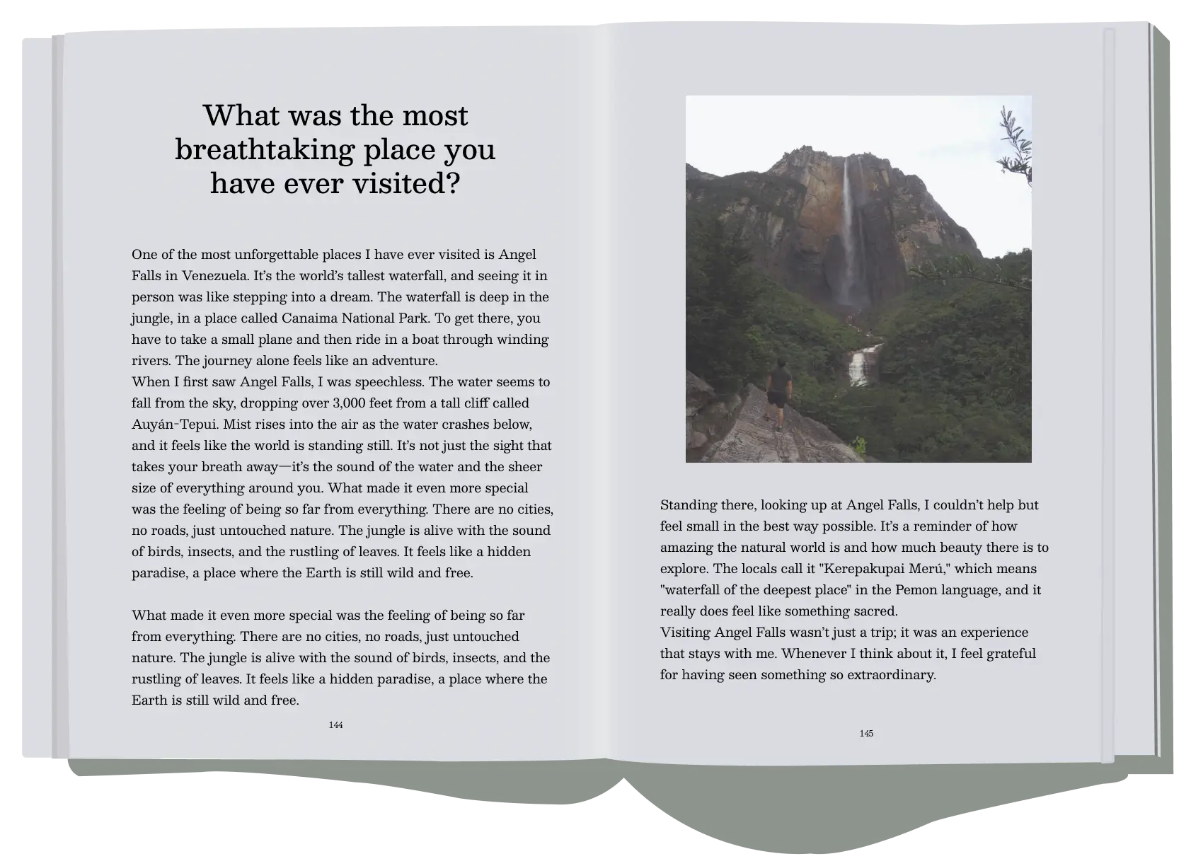 A travel memory book open to a page describing a visit to Angel Falls, the world’s tallest waterfall, highlighting the awe-inspiring experience of witnessing untouched nature.