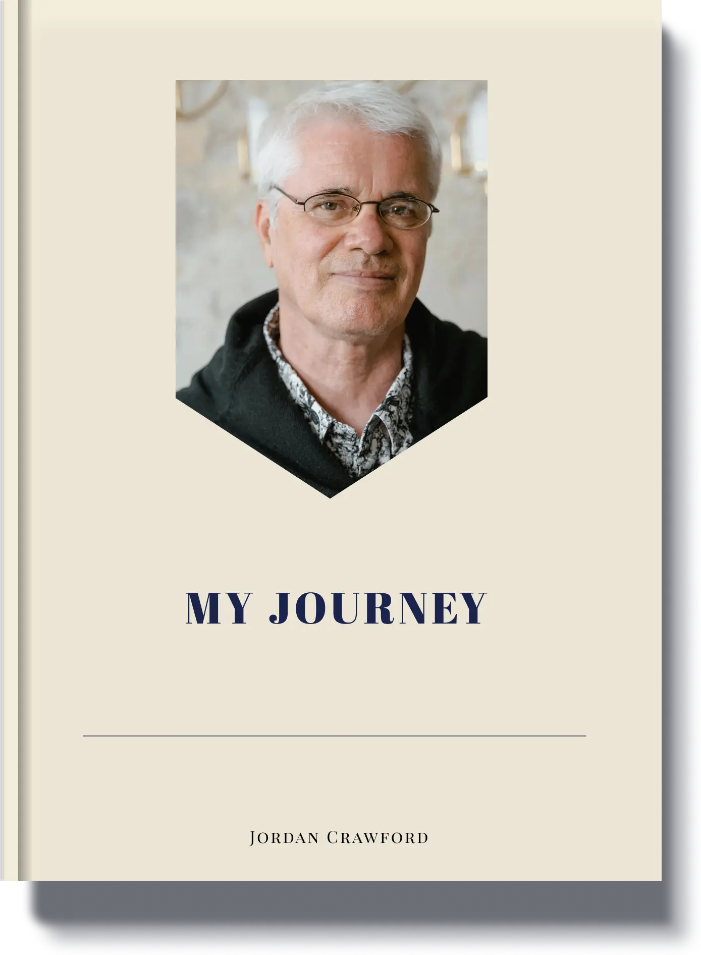 "Book cover titled 'My Journey' featuring an elderly man in glasses, a refined and classic life story book design."