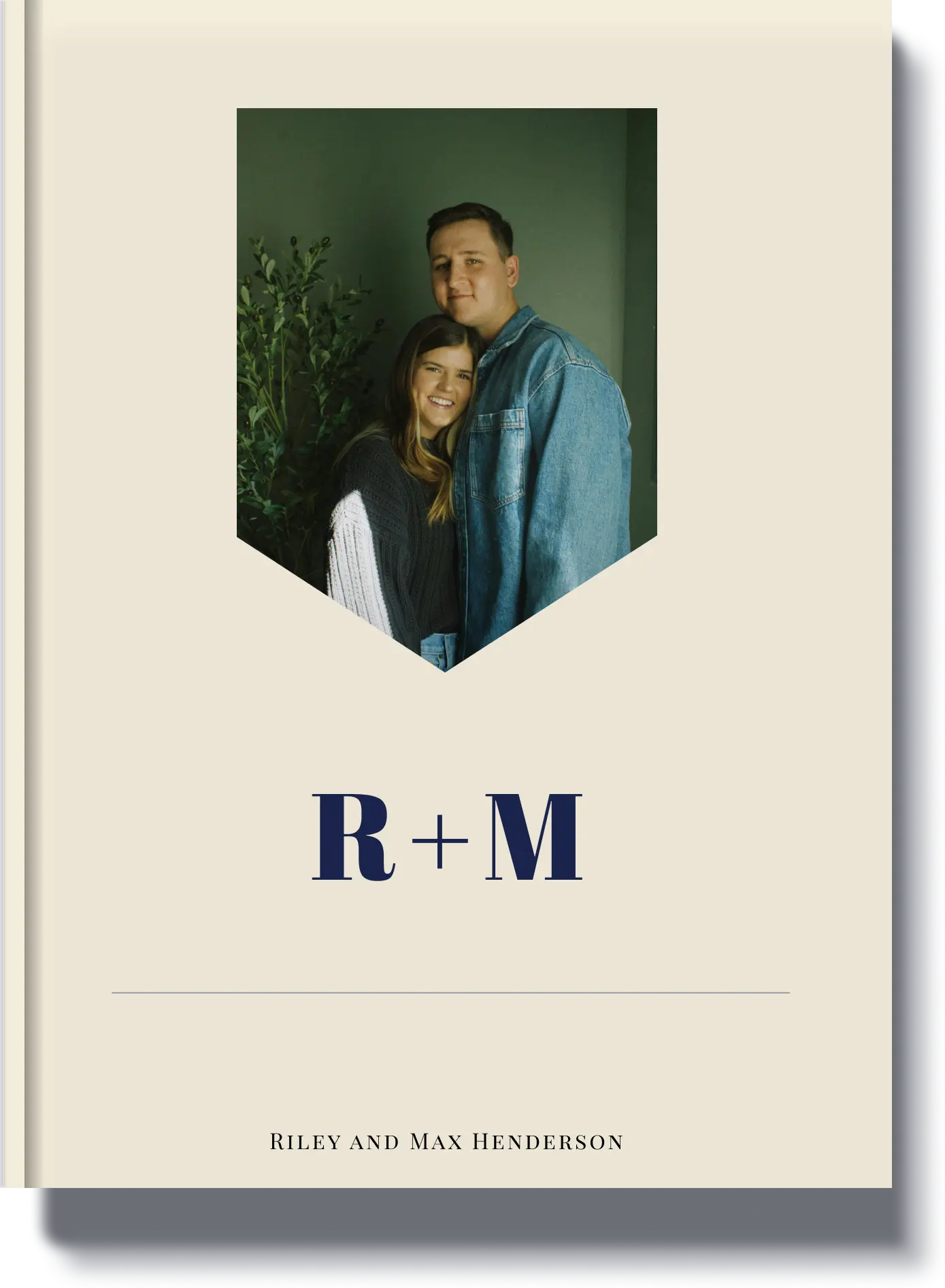 Personalized book cover with initials 'R + M' featuring a couple, perfect for a custom love story book to cherish special moments."