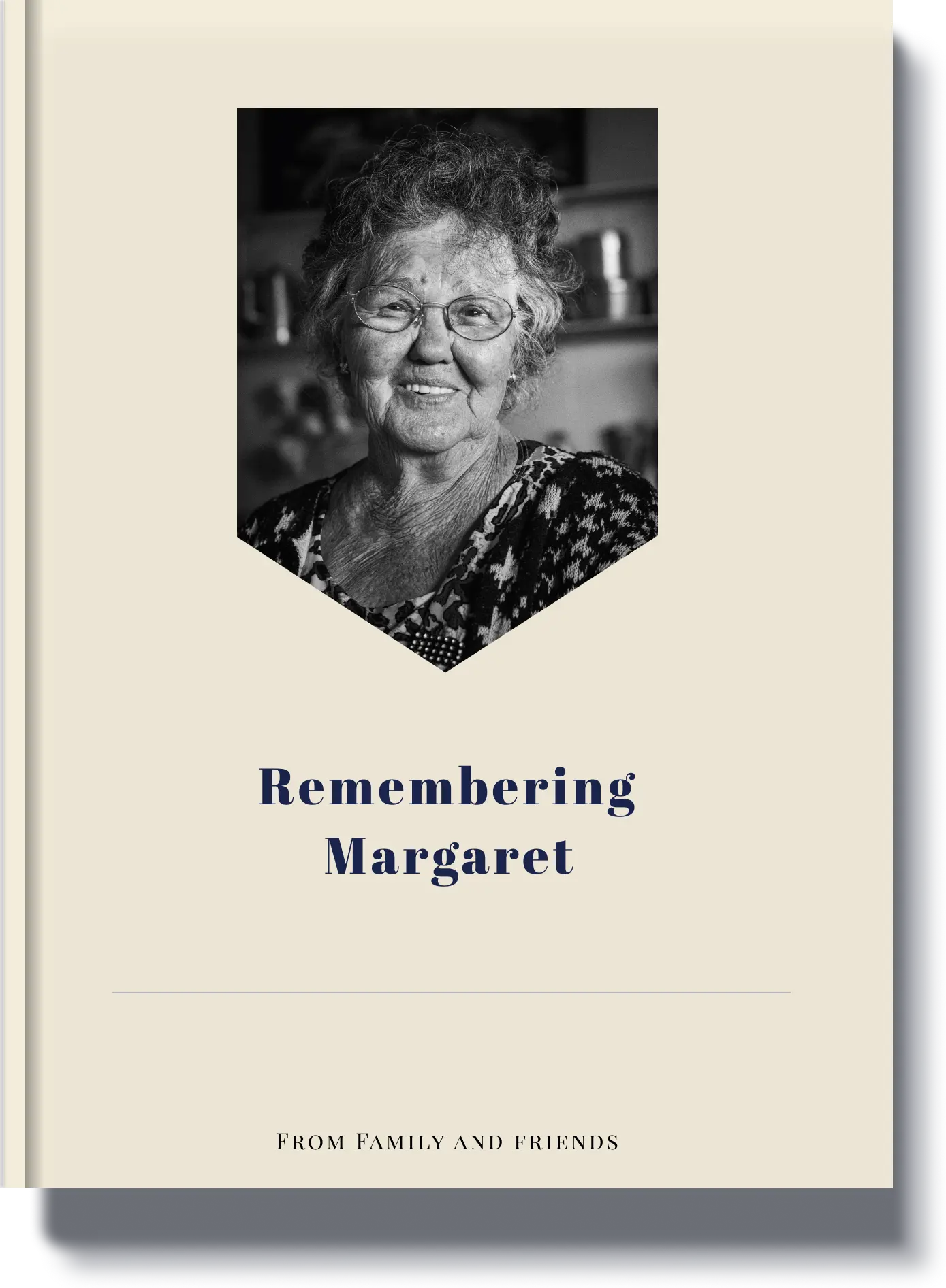 Book cover titled 'Remembering Margaret' featuring a nostalgic black and white portrait, a tribute book created by family and friends.