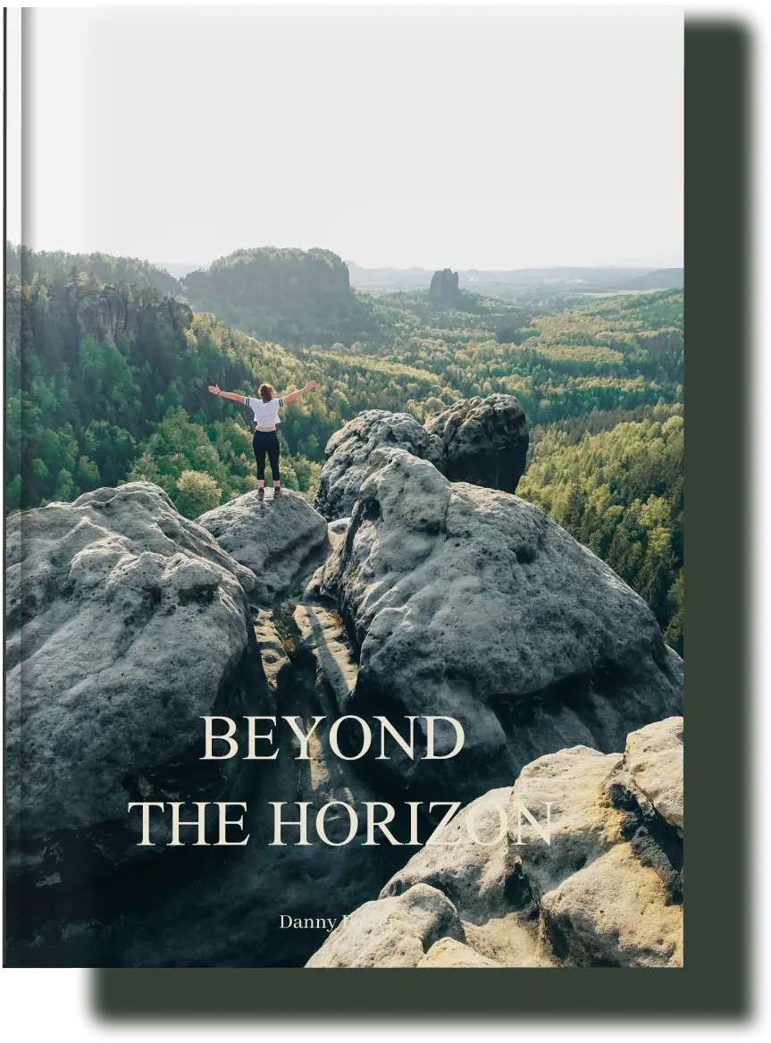 Beyond the Horizon travel memory book cover featuring a traveler standing atop a rocky cliff, taking in the panoramic mountain views of a remote landscape.