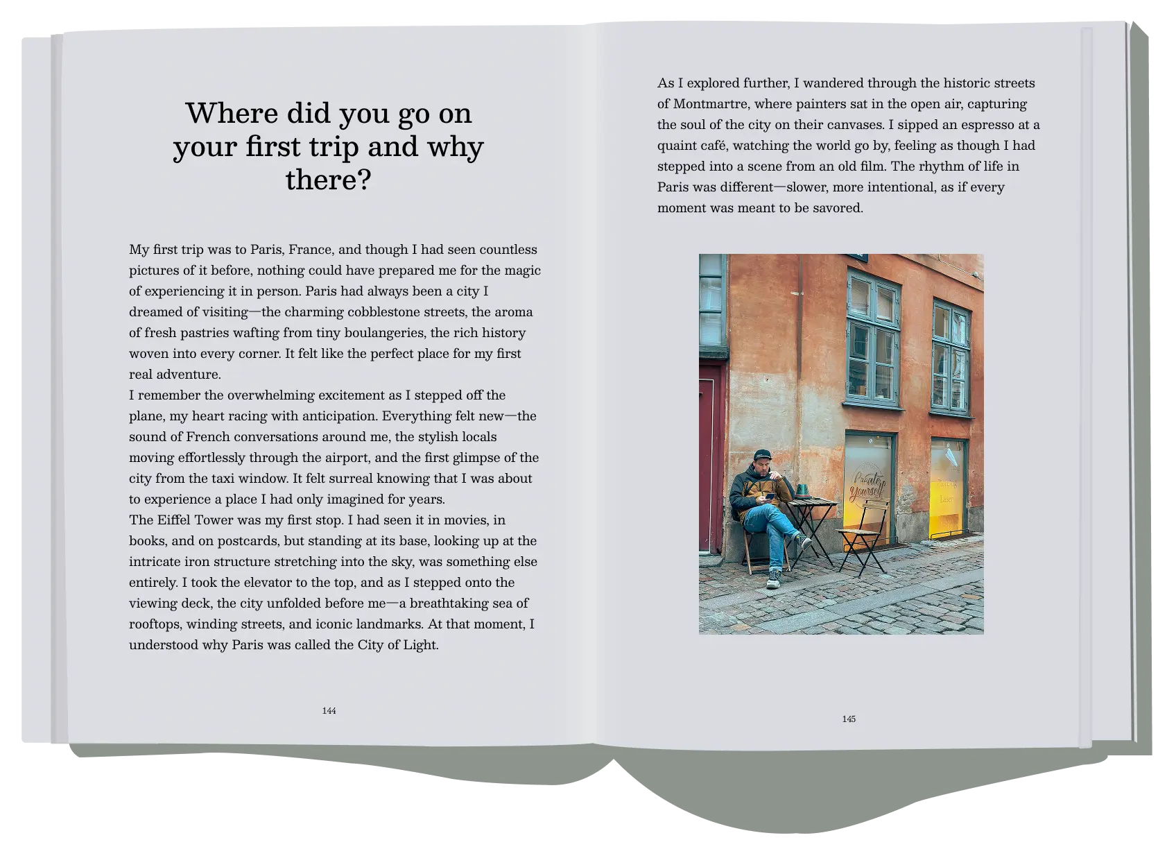 A travel memory book open to a page recounting a first trip to Paris, describing the charm of cobblestone streets, fresh pastries, and the magic of exploring the City of Light.