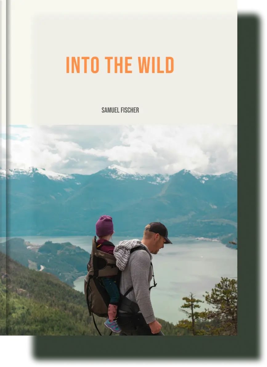 Into the Wild travel memory book cover featuring a father and child hiking through breathtaking mountain landscapes, capturing the beauty of outdoor adventures.
