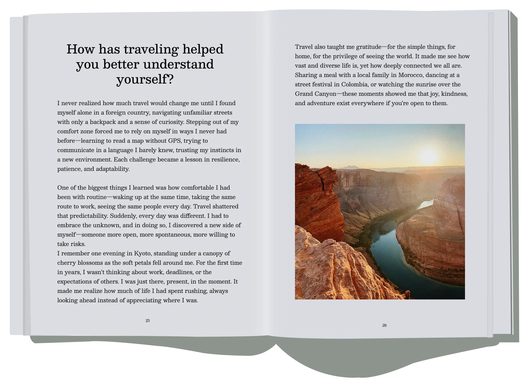 A travel memory book open to a page reflecting on personal growth through travel, recounting experiences of self-discovery, gratitude, and adventure around the world.