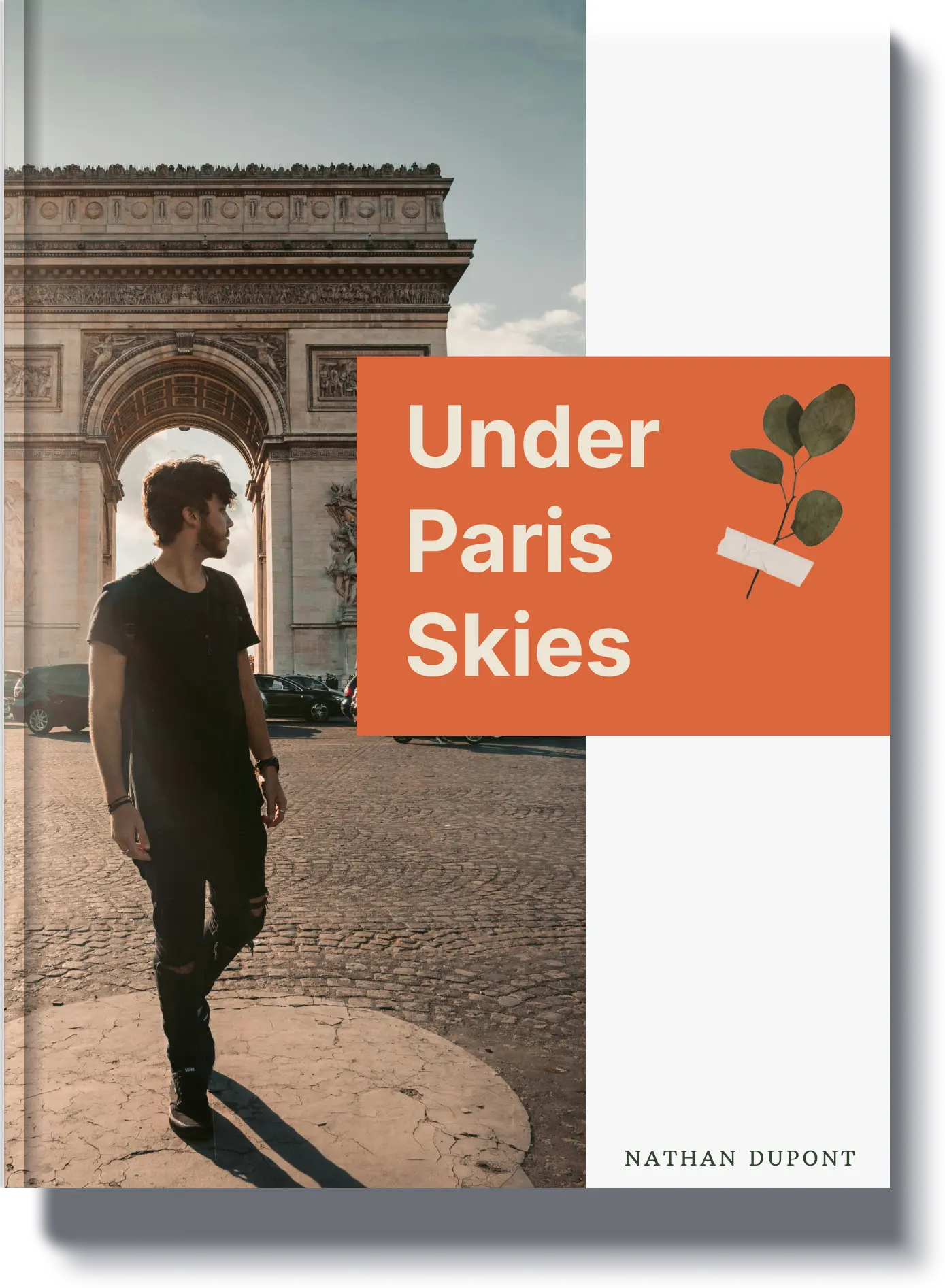 Under Paris Skies - A travel memory book preserving the magic of Paris, featuring a traveler walking near the Arc de Triomphe.