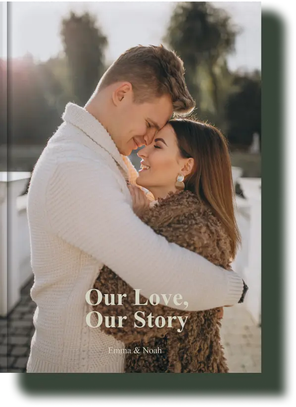 "Book cover titled 'Our Love, Our Story' featuring a romantic couple embracing, a perfect personalized love story book for couples."
