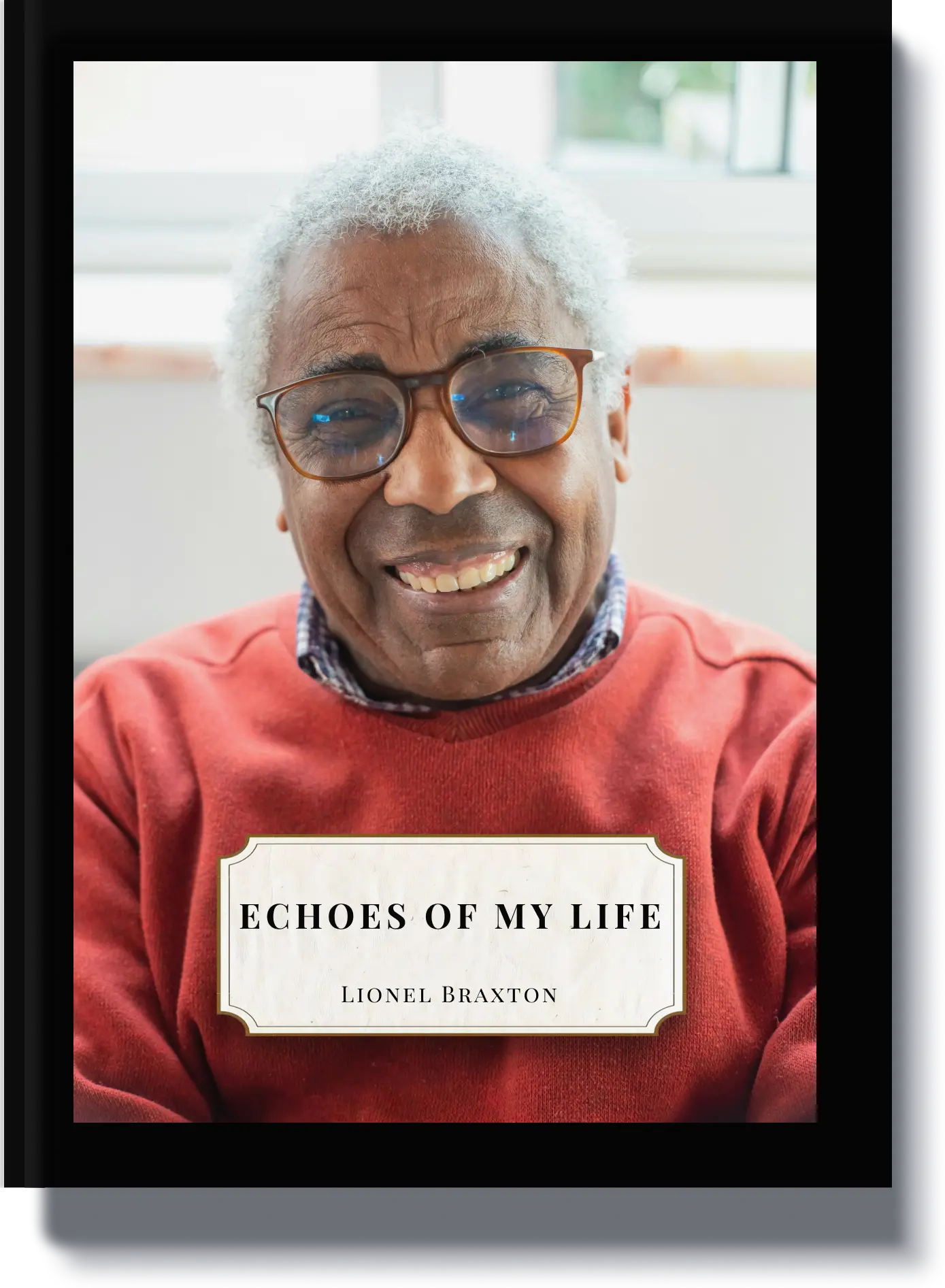 "Book cover titled 'Echoes of My Life' featuring a senior man in a red sweater, a cherished gift for preserving life stories."