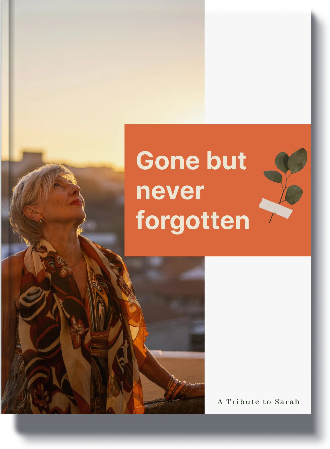 Book cover titled 'Gone But Never Forgotten' featuring a woman gazing into the distance, a tribute book in memory of Sarah.