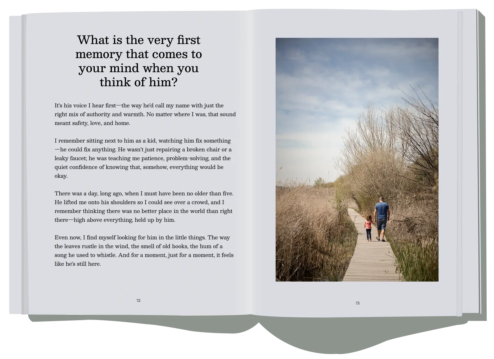Open memory book featuring heartfelt stories of cherished places and moments shared with Rosey Wiseman.