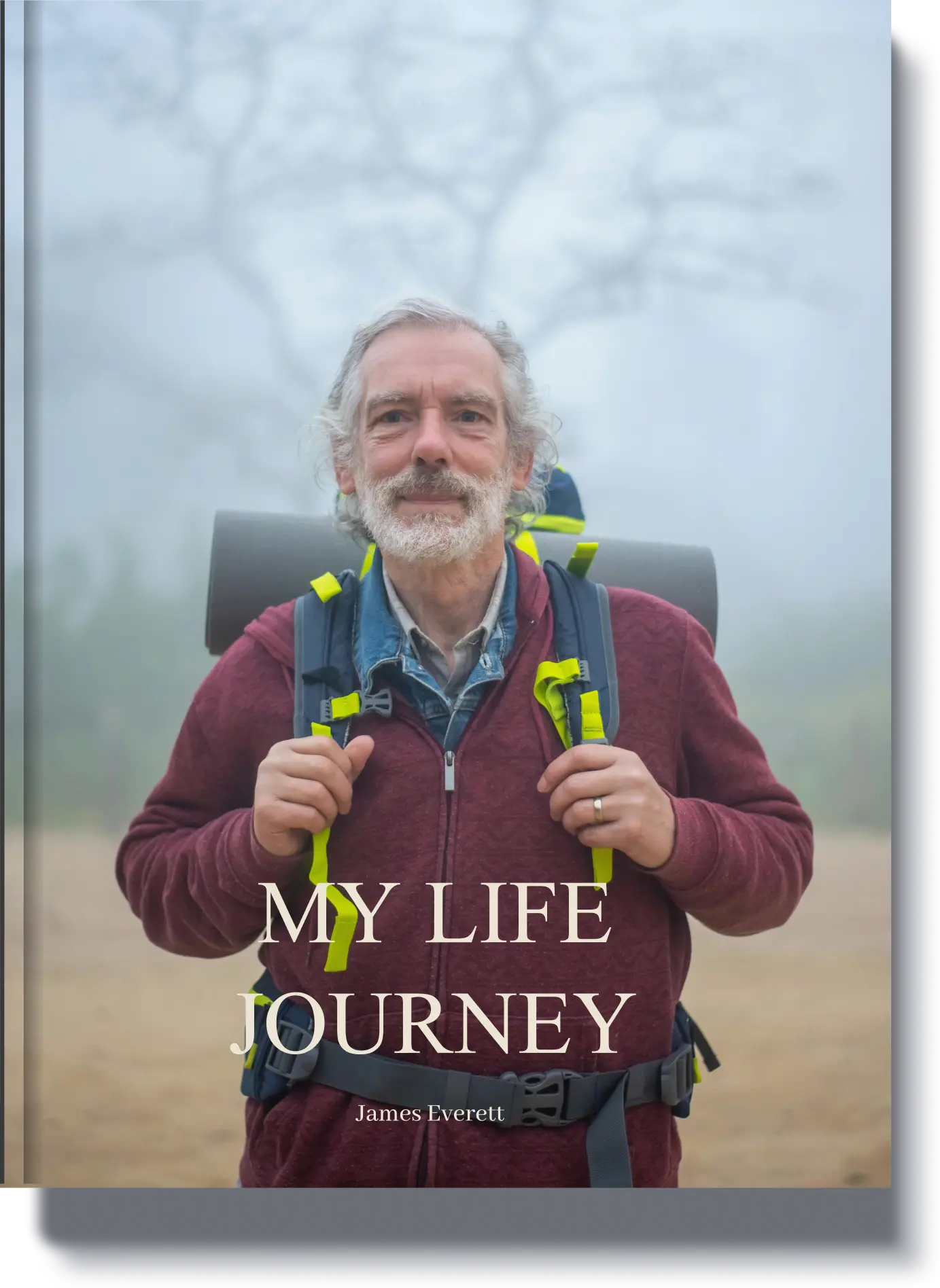 Book cover titled 'My Life Journey' featuring an elderly man with hiking gear, a perfect gift to document life adventures.