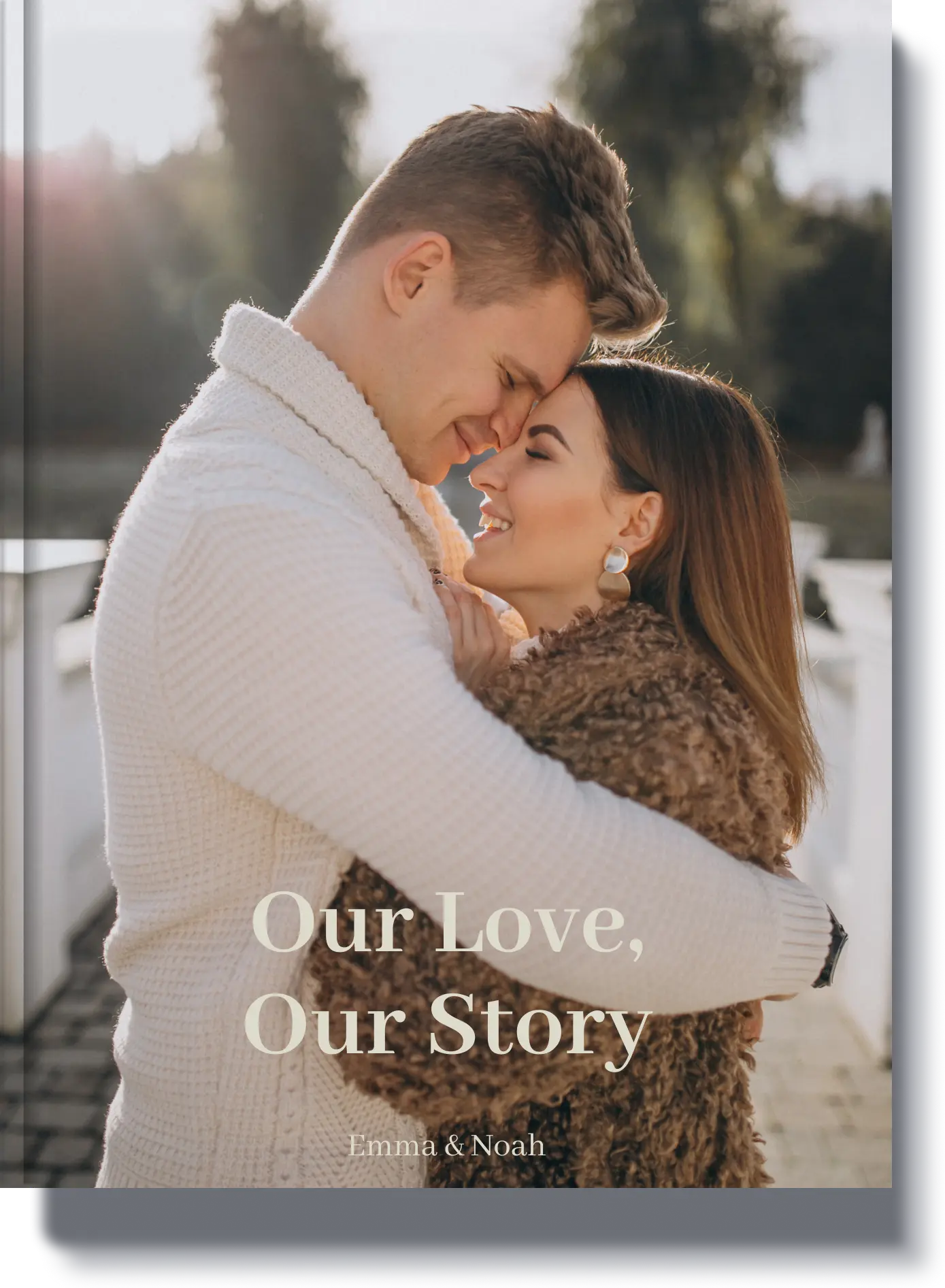 Book cover titled 'Our Love, Our Story' featuring a romantic couple embracing, a perfect personalized love story book for couples.