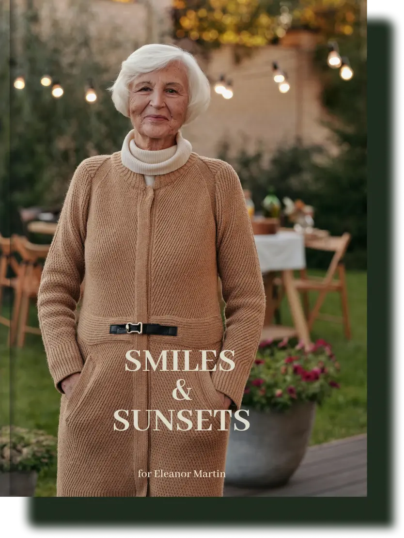 Personalized memorial book 'Smiles & Sunsets' honoring Eleanor Martin, capturing her warmth and cherished moments.