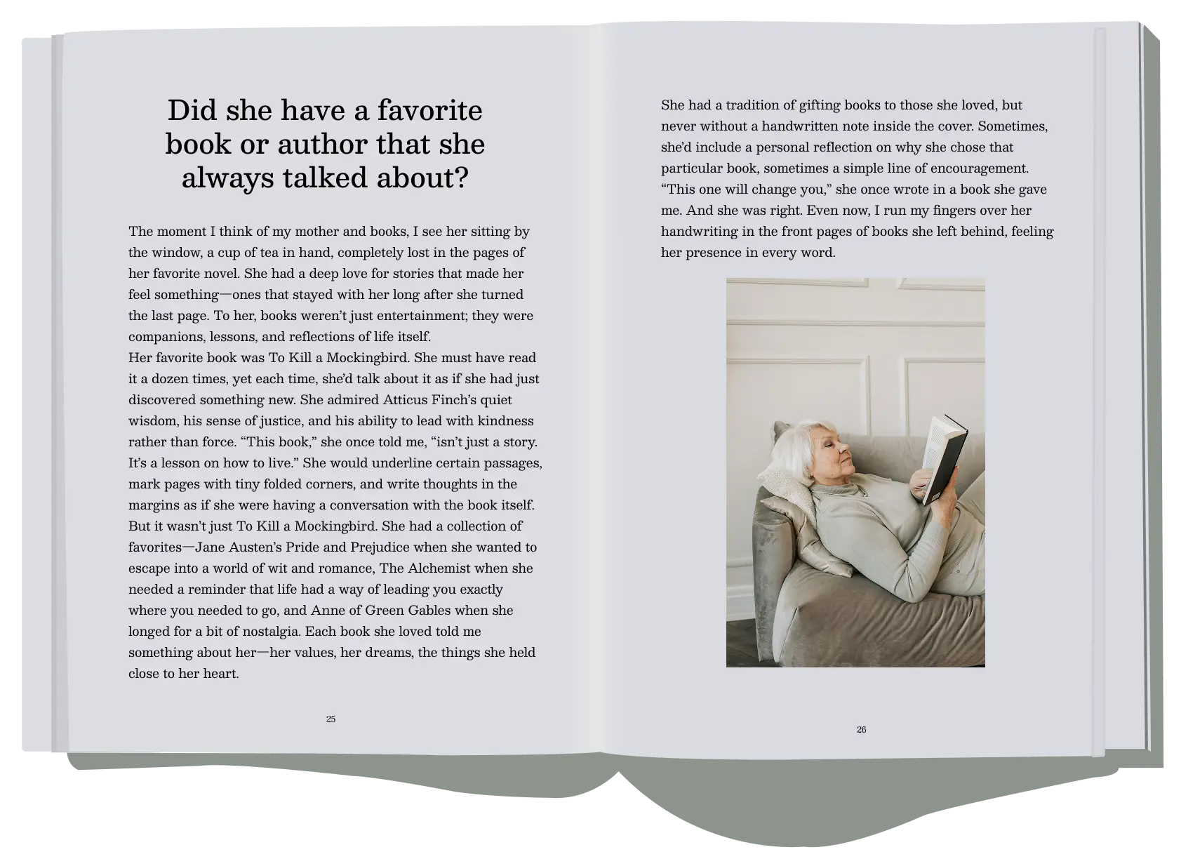 Open memorial book reflecting on a woman's love for literature, the stories that shaped her, and handwritten notes she left behind.