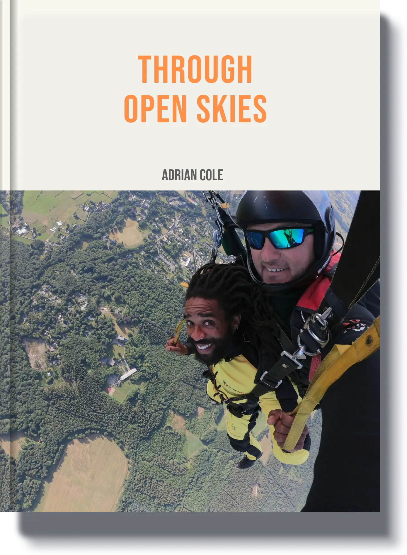 Through Open Skies - A thrilling travel memory book featuring a skydiving experience over breathtaking landscapes.