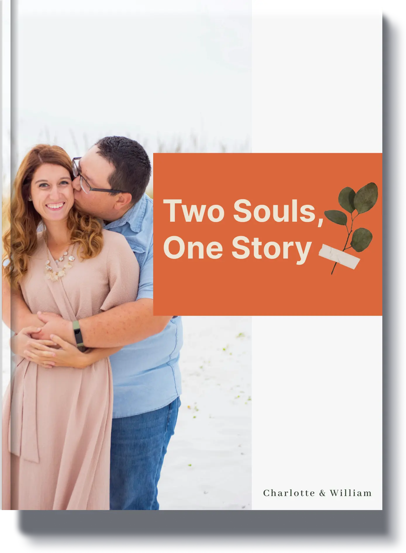 "Book cover titled 'Two Souls, One Story' with a couple smiling together, ideal for a custom love story book celebrating relationships."
